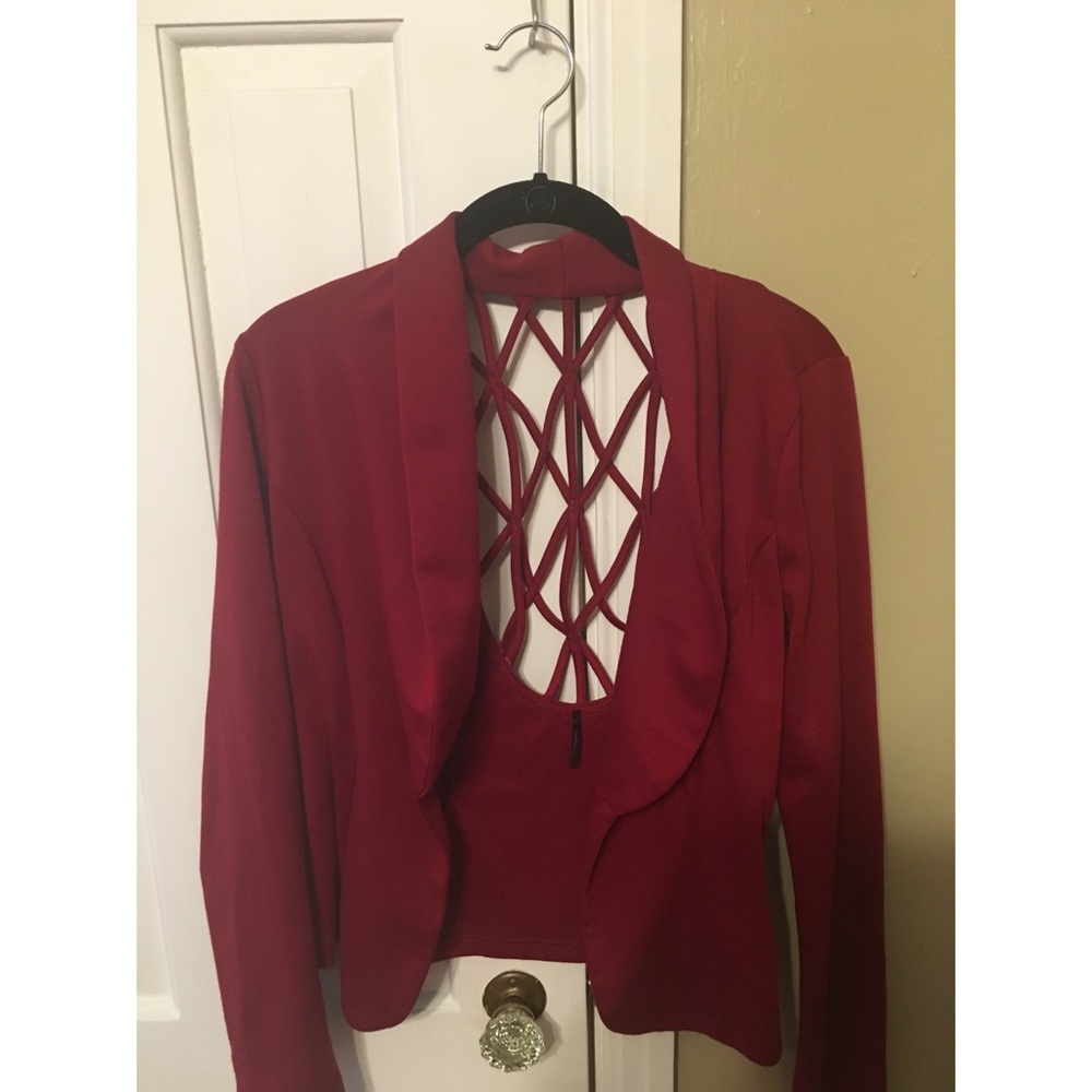 Burgundy blazer with cut out back